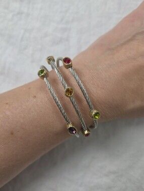 Multi-Gemstone Silver Cable Bangle Bracelet